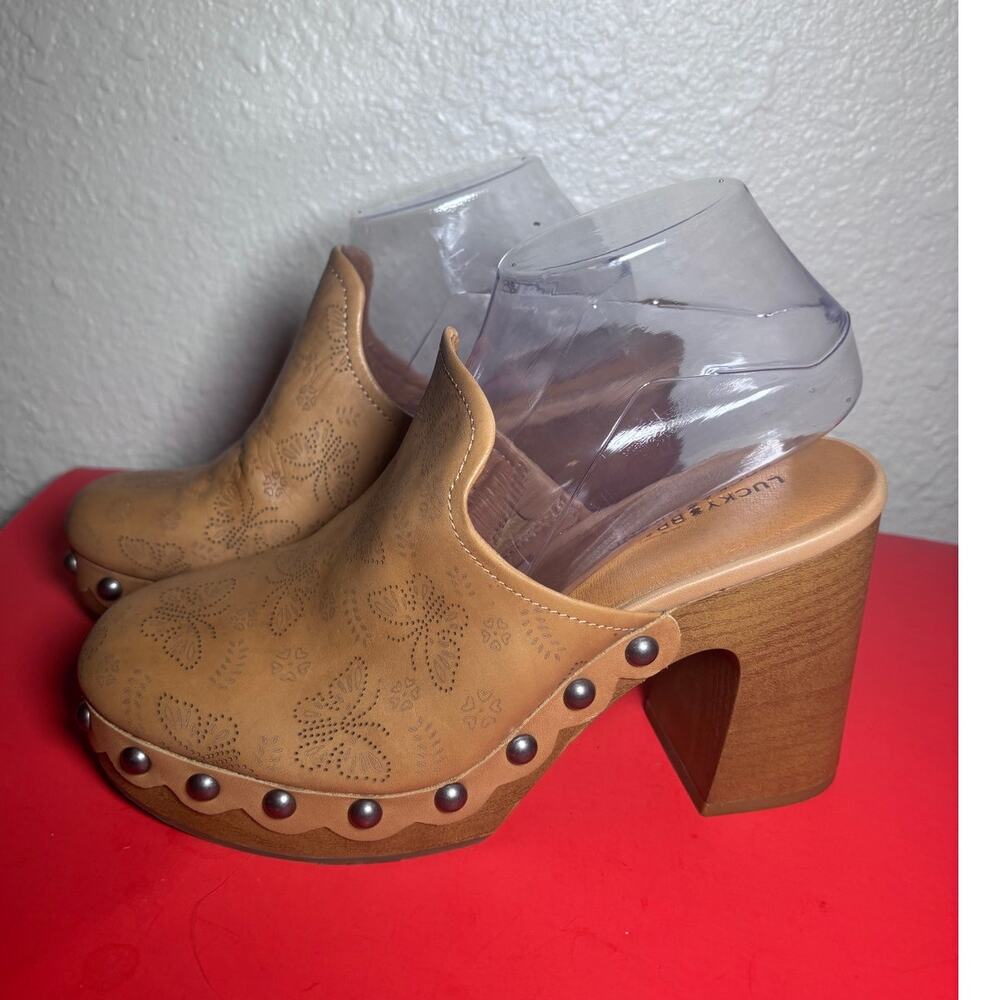 Lucky Brand Immia Brown Leather Heeled Blocked Clogs Size 9 M